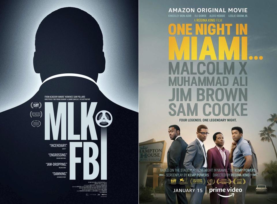Esta combinación de fotos muestra el afiche del documental "MLK/FBI", izquierda, que se estrena en cines selectos y On Demand el 15 de enero, y la película "One Night in Miami" que se estrena el 15 de enero en Amazon Prime. (IFC Films, izquierda, y Amazon Studios via AP)
