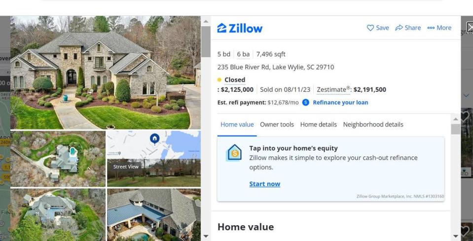 A Blue River Road home in Lake Wylie sold for $2.1 million last year. Zillow screengrab