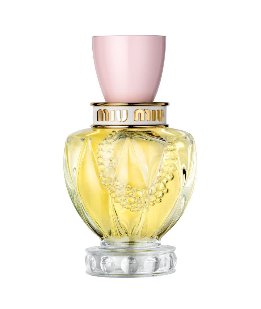 <p>If you’re bold enough to pull off the bejewelled look, you’ll need a suitably va-va-voom scent as an accompaniment.</p><p>Miu Miu’s latest, <a href="https://www.feelunique.com/p/Miu-Miu-Twist-Eau-de-Toilette-100ml?" rel="nofollow noopener" target="_blank" data-ylk="slk:Twist, £87 for 1OOml EDT;elm:context_link;itc:0;sec:content-canvas" class="link ">Twist, £87 for 1OOml EDT</a>, is a sophisticated blend of cedar wood and amber accord. And its retro-glam glass bottle will look suitably majestic on your dressing table.<br></p><p><a class="link " href="https://go.redirectingat.com?id=127X1599956&url=https%3A%2F%2Fwww.feelunique.com%2Fp%2FMiu-Miu-Twist-Eau-de-Toilette-100ml&sref=https%3A%2F%2Fwww.elle.com%2Fuk%2Fbeauty%2Fg31244968%2Fss20-embellished-beauty-trend%2F" rel="nofollow noopener" target="_blank" data-ylk="slk:SHOP NOW;elm:context_link;itc:0;sec:content-canvas">SHOP NOW</a></p>