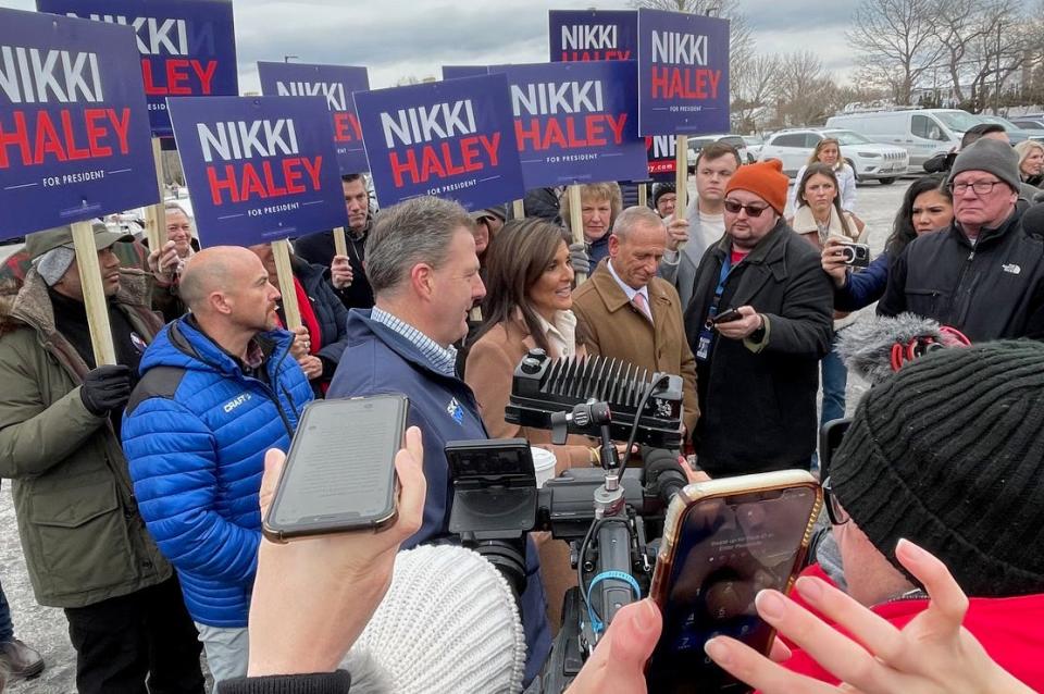 Republican presidential candidate Nikki Haley appears with Gov. Chris Sununu at New Hampshire primary polls at Winnacunnet High School in Hampton Tuesday, Jan. 23, 2024.