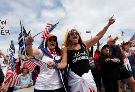 Demonstrators protest at the beach in support of U.S. President Donald Trump during a rally in Huntington Beach, California, U.S., March 25, 2017. REUTERS/Patrick T. Fallon