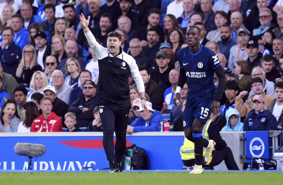 Chelsea's manager Mauricio Pochettino shouts during the English Premier League soccer match between Brighton and Hove Albion and FC Chelsea in Brighton and Hove, England, Wednesday, May 15, 2024. (Adam Davy/PA via AP)