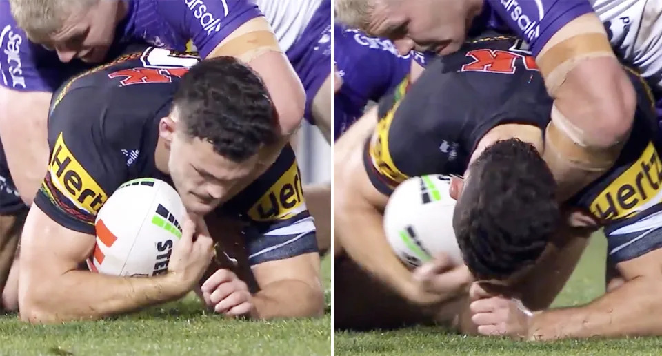 Josh King denied claims it was a wrestling-style tackle that hurt Nathan Cleary's shoulder. (Images: Channel Nine)