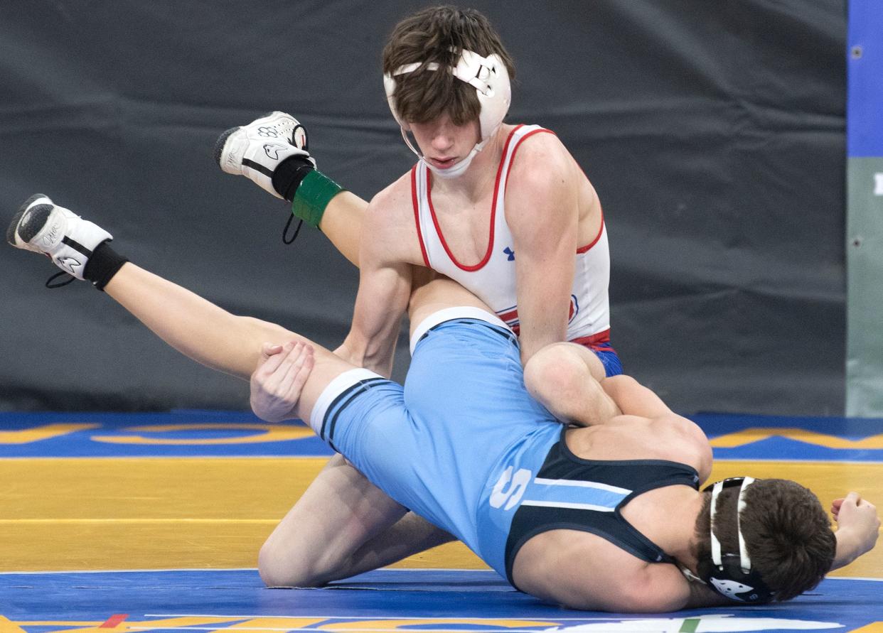 Washington Township's Colton Hagerty ontrols Shawnee's Jordan Segal during a 106 lb. bout of the preliminary round of the NJSIAA individual wrestling championships tournament at Jim Whelan Boardwalk Hall in Atlantic City on Thursday, March 2, 2023.  Hagerty defeated Segal, 10-0.  