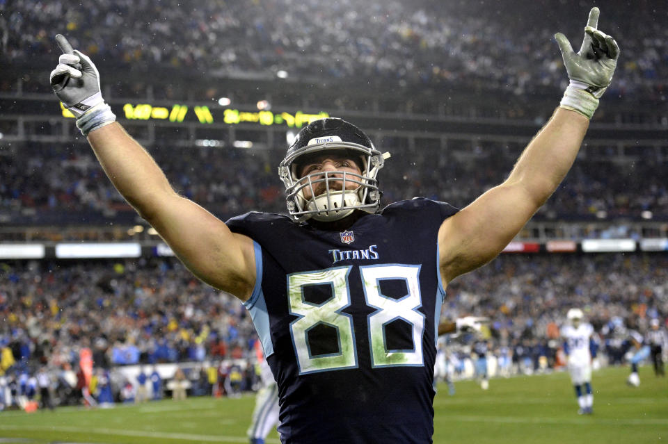 Tennessee Titans tight end Luke Stocker celebrates after scoring a touchdown against the Indianapolis Colts in the second half of an NFL football game Sunday, Dec. 30, 2018, in Nashville, Tenn. (AP Photo/Mark Zaleski)