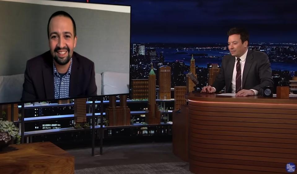 Lin Manuel Miranda being interviewed by Jimmy Fallon