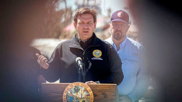 PHOTO: Florida's Governor Ron DeSantis speaks with the media in Matlacha Isles after the pass of the hurricane Ian in Fort Myers Beach, Fla., Sept. 30, 2022. (Shutterstock)