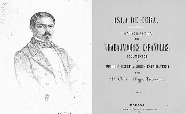 A la izquierda, retrato de Urbano Feijóo de Sotomayor, a la derecha, portada del documento para trasladar trabajadores desde Galicia hasta Cuba (imágenes vía Wikimedia commons y Galiciana)