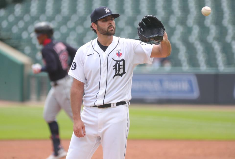 Detroit Tigers starting pitcher Michael Fulmer reacts after giving up a two-run homer to Cleveland Indians shortstop Francisco Lindor during third-inning action at Comerica Park, Sunday, Aug. 16, 2020.