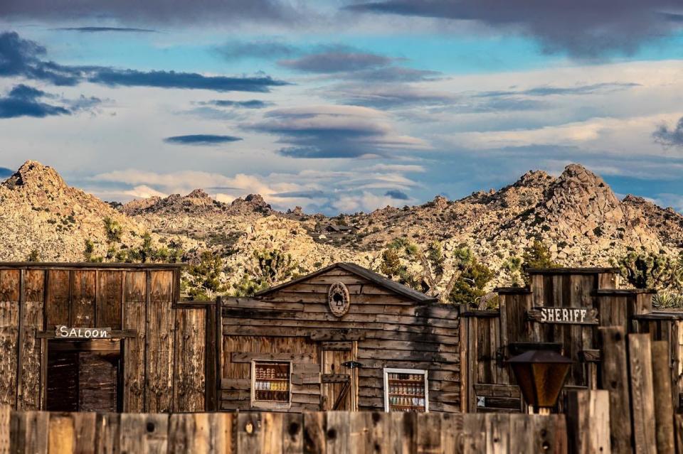 The western set of Pioneertown against the striking desert landscape