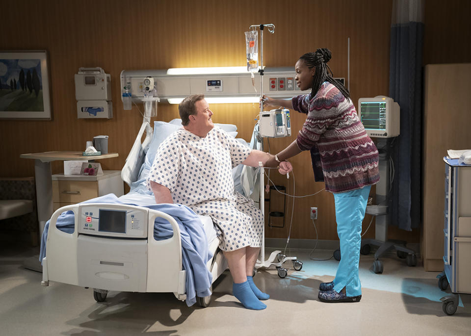 Bob, a middle-aged compression-sock businessman from Detroit, unexpectedly falls for his cardiac nurse, Abishola, a Nigerian immigrant, while recovering from a heart attack and sets his sights on winning her over, on the series premiere of Bob Hearts Abishola. (Photo: Sonja Flemming/CBS)