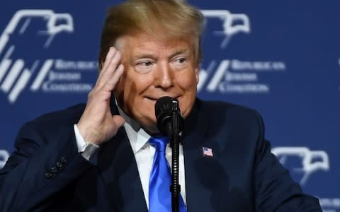 U.S. President Donald Trump speaks during the Republican Jewish Coalition's annual leadership meeting at The Venetian Las Vegas - Credit: Getty