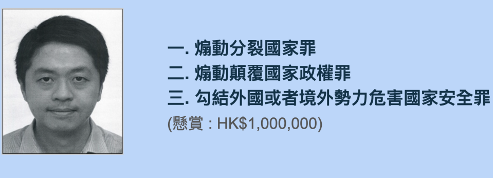 警方國安處 7 月 3 日懸紅通緝包括許智峯在內的八名海外港人。   （警務處圖片）