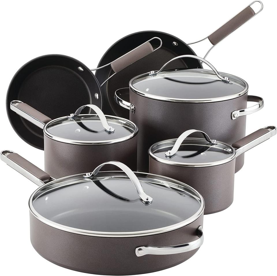 <p>Looking to revamp your cookware? The <span>Ayesha Curry Kitchenware Professional Hard Anodized Nonstick Cookware Pots and Pans Set</span> ($250) is a comprehensive nonstick cookware set that is durable and lightweight. The set comes with a two-quart saucepan with a lid, a three-quart saucepan with a lid, an eight-quart stockpot with a lid, a five-quart sauté pan with a lid and a helper handle, and two frying pans. </p>