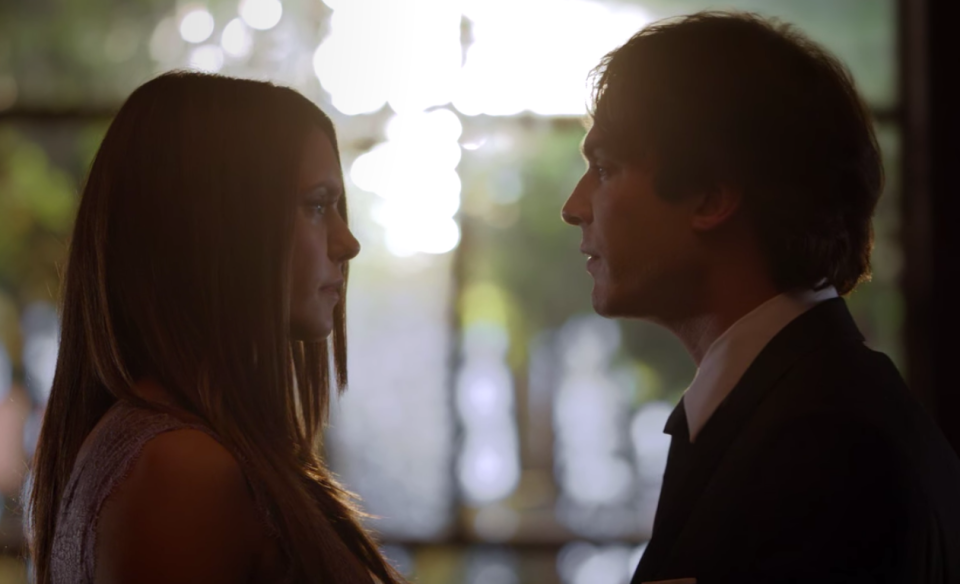 Elena and Damon talk at Bonnie's wedding