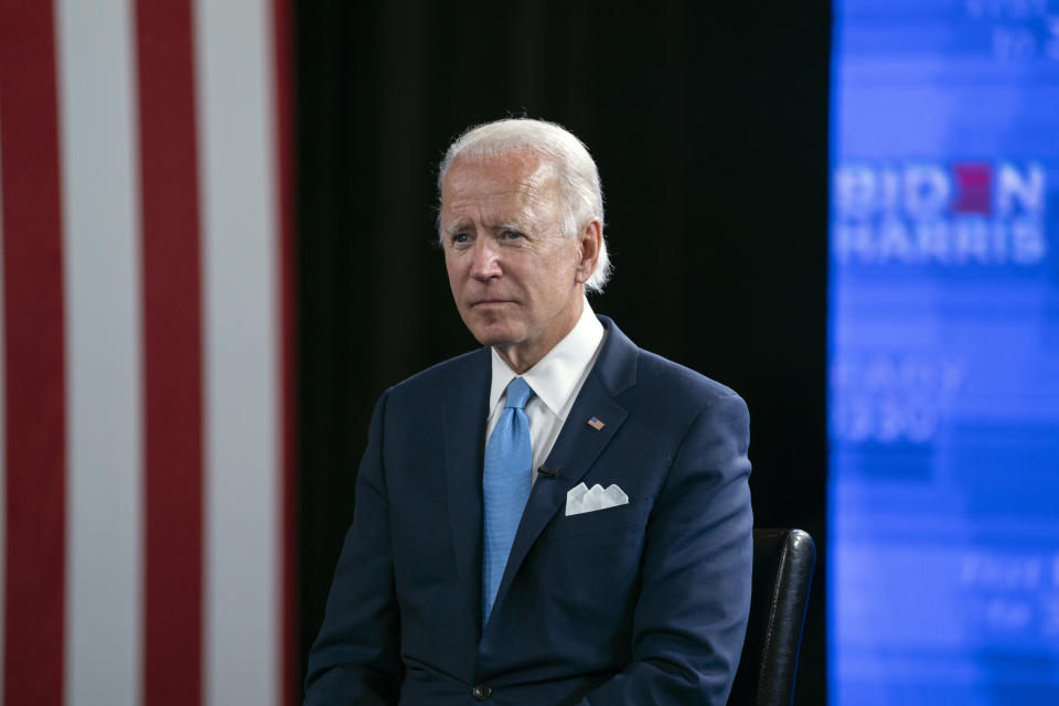 Democratic presidential candidate former Vice President Joe Biden pauses during a virtual grassroots fundraiser at the Hotel DuPont in Wilmington, Del., Wednesday, Aug. 12, 2020. (AP Photo/Carolyn Kaster)