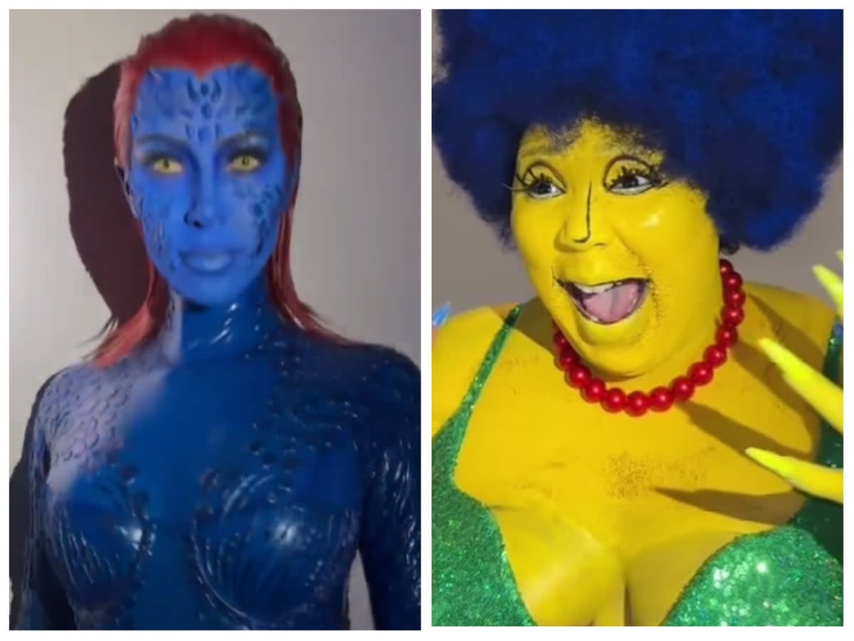 Kim Kardashian as Mystique and Lizzo as Marge Simpson  (Instagram @kimkardashian/@lizzobeeating)