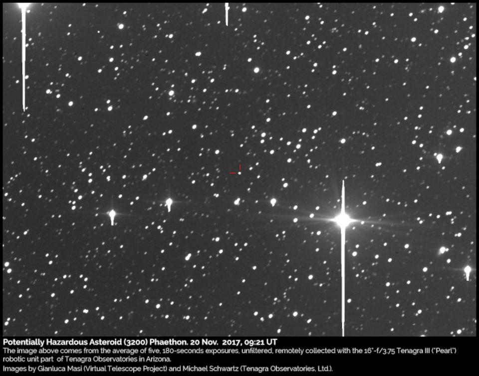 This image shows the location of asteroid 3200 Phaethon on Nov. 20, 2017, indicated with red markers. <cite>Gianluca Masi/The Virtual Telescope Project; Michael Schwartz/Tengara Observatories, Ltd</cite>