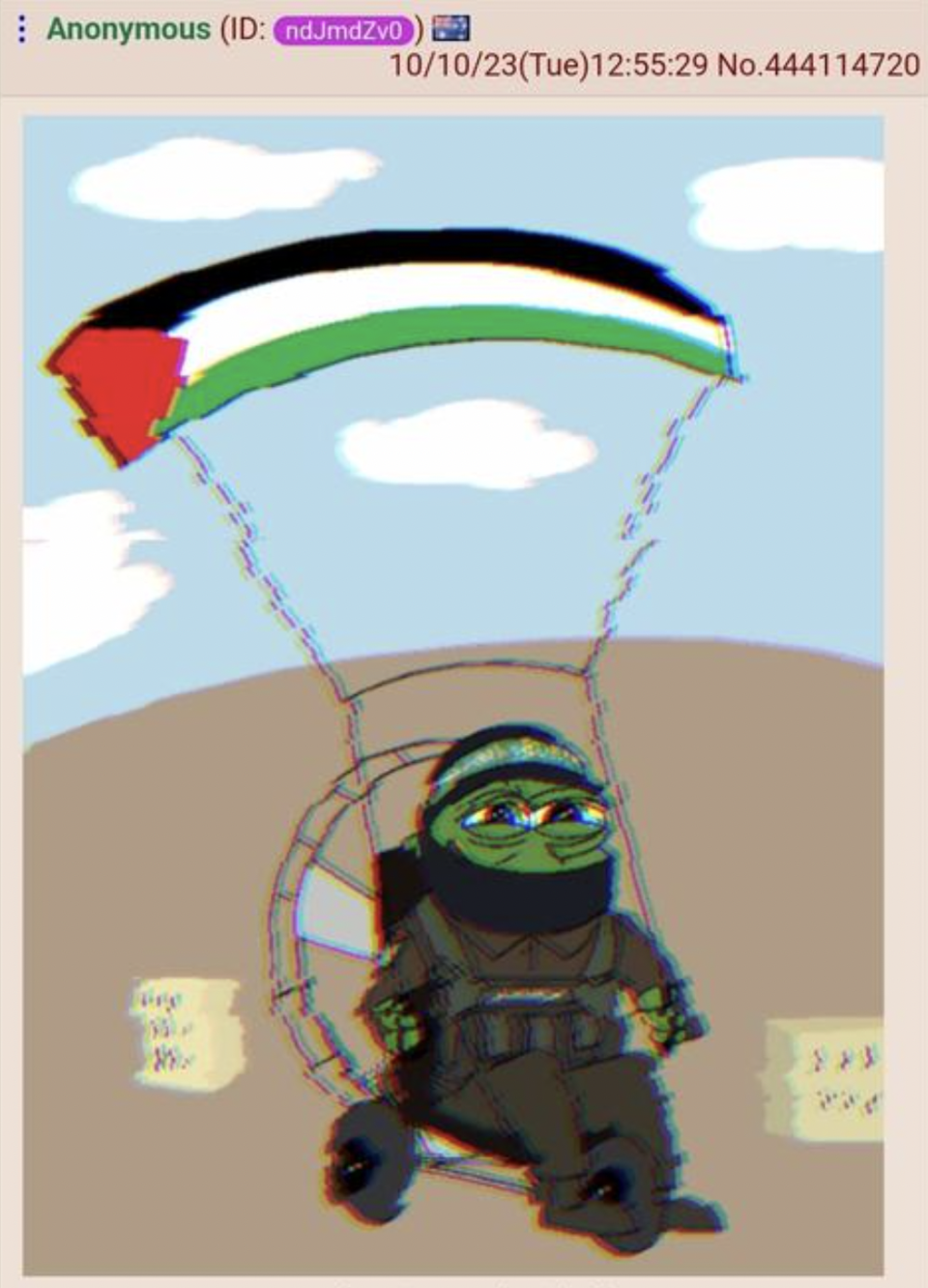 This image, posted in a 4chan forum, incorporates Pepe the Frog, a character coopted by the alt right.