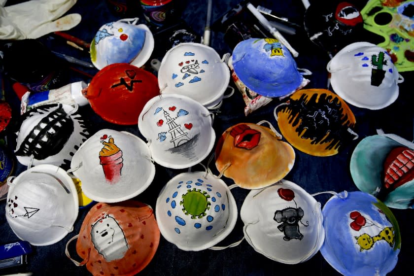 PALESTINE: This picture shows N95 protective masks painted by Palestinian artists Samah Saed and Dorgam Krakeh for a project raising awareness about the COVID-19 coronavirus pandemic in Gaza City.