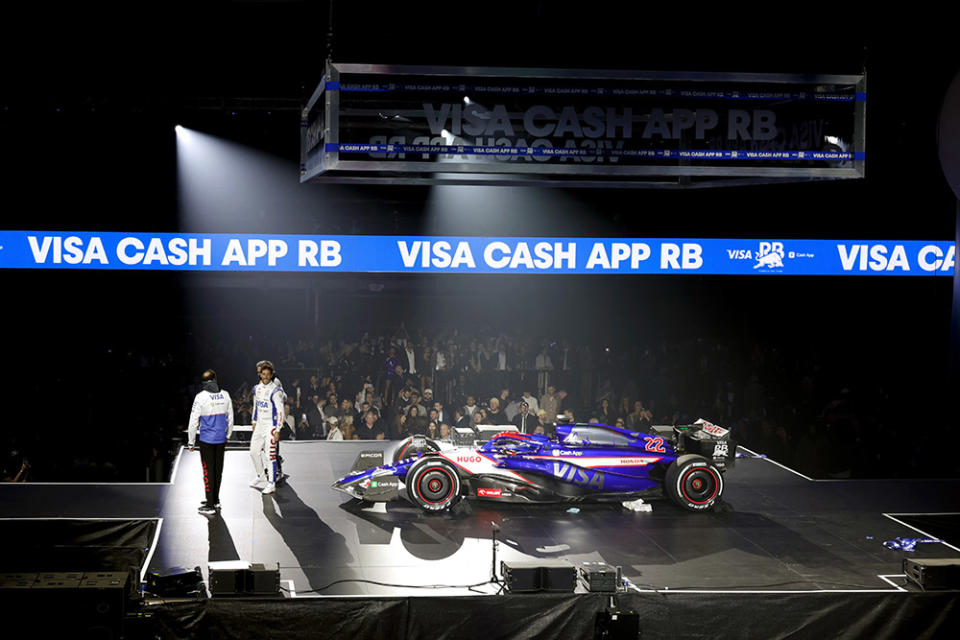 The VCARB 01, the new Visa Cash App RB Formula One car, is unveiled ahead of the 2024 F1 season in Las Vegas.