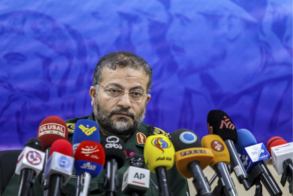 Commander of Iran's Basij paramilitary force, Gen. Gholam Reza Soleimani, gives a press conference in There, Iran, Monday, Nov. 18, 2019. Soleimani said the key perpetrators of the recent protests have been arrested. (AP Photo/Ebrahim Noroozi)