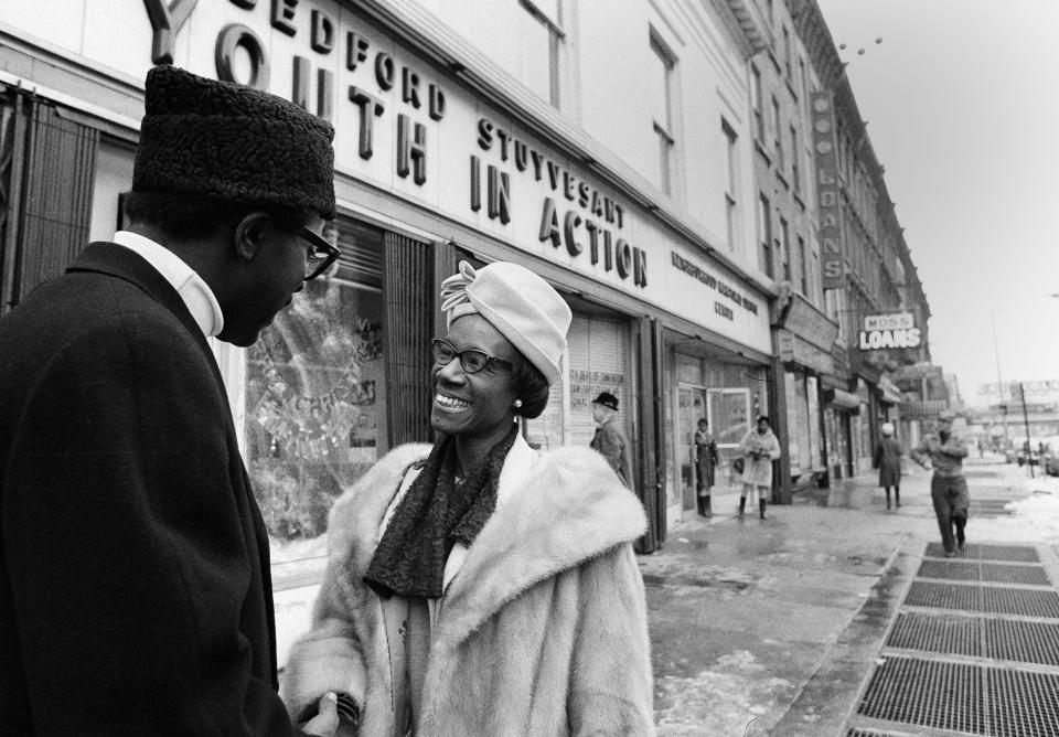 In this Dec. 20, 1968, photo, New York Assemblywoman Shirley Chisholm talks with a constituent in Brooklyn, New York. Chisholm's election to Congress was the start of a national political career in which she fearlessly and relentlessly stood up and spoke out for causes like civil and women's rights.