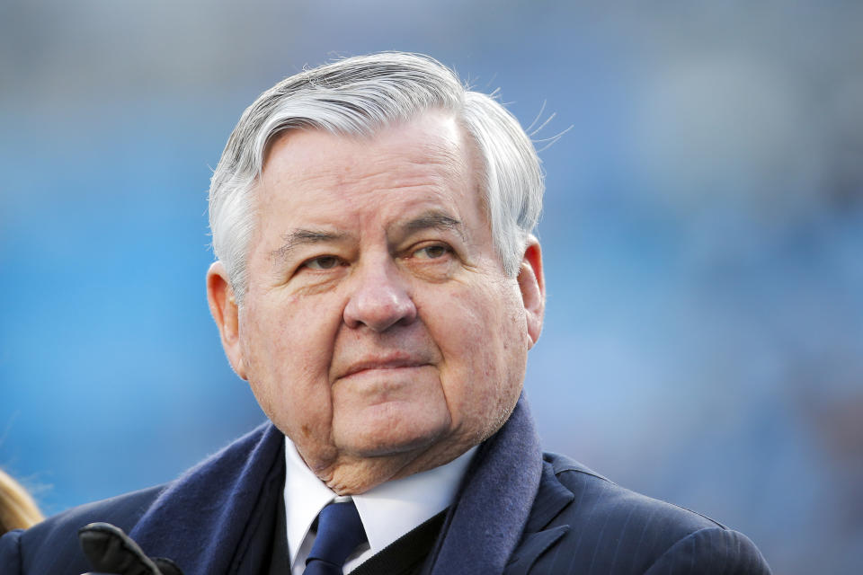 Carolina Panthers team owner Jerry Richardson drives around the field on his golf cart before his team takes on the Tampa Bay Buccaneers during an NFL game in Charlotte, N.C. on Sunday, Jan. 3, 2016. (Chris Keane/AP Images for Panini)