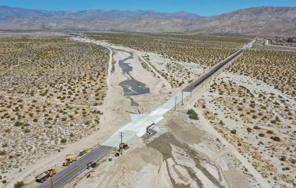 North Indian Canyon Drive in Desert Hot Springs, seen Wednesday, is set to reopen Friday, May 3, being closed since Hilary, the powerful storm that hit in August of 2023. The roadway has been closed between Mission Lakes and Pierson boulevards.