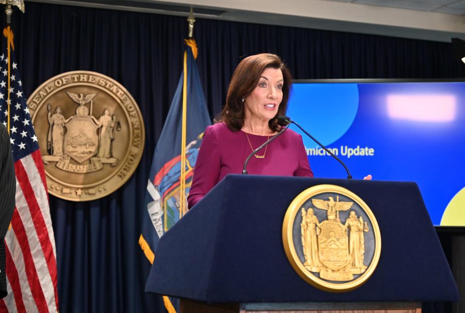 Gov. Kathy Hochul during a press briefing in Manhattan.