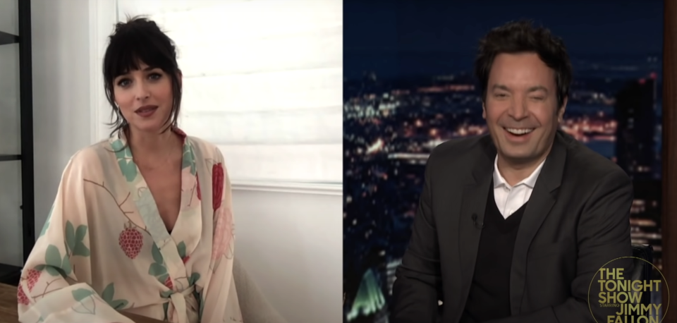 Side-by-side of Dakota Johnson and Jimmy Fallon