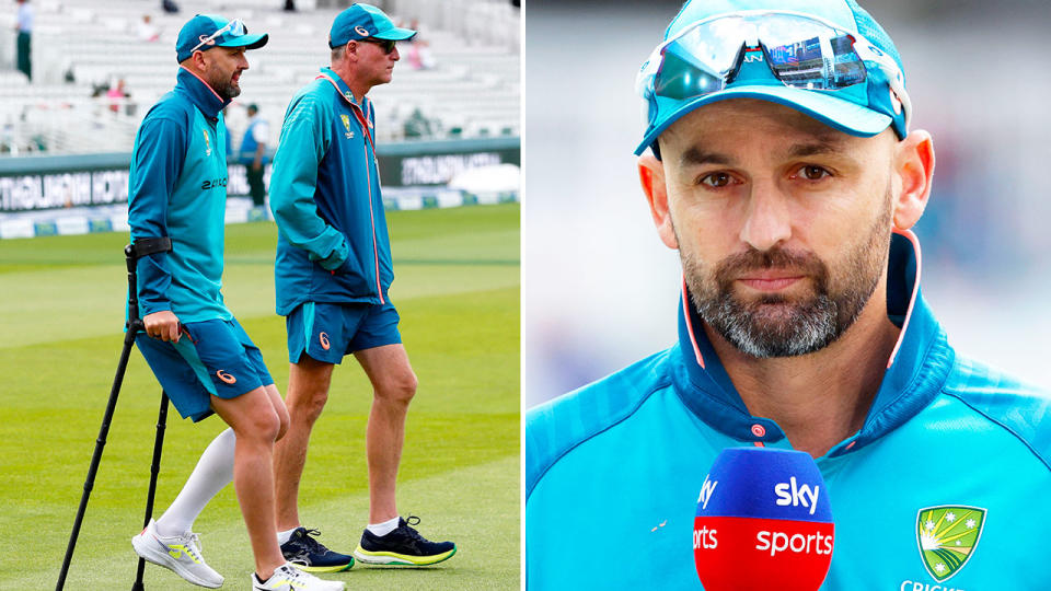 Seen here, Aussie cricket star Nathan Lyon on crutches at Lord's.