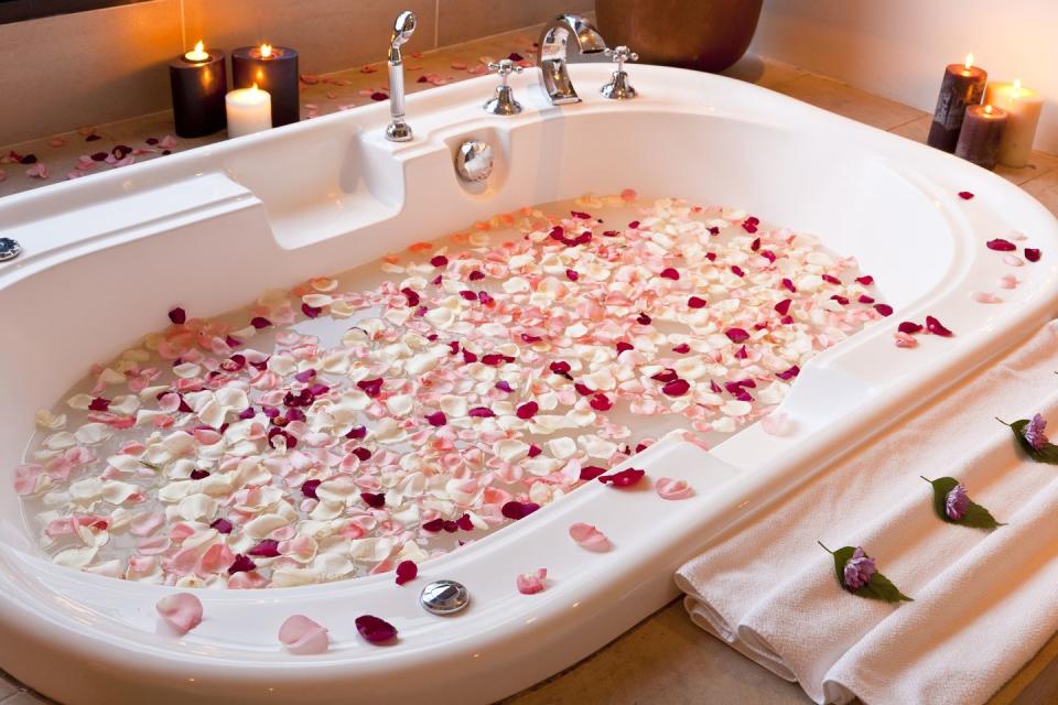 food, dish, cuisine, pink, room, petal, bathtub,