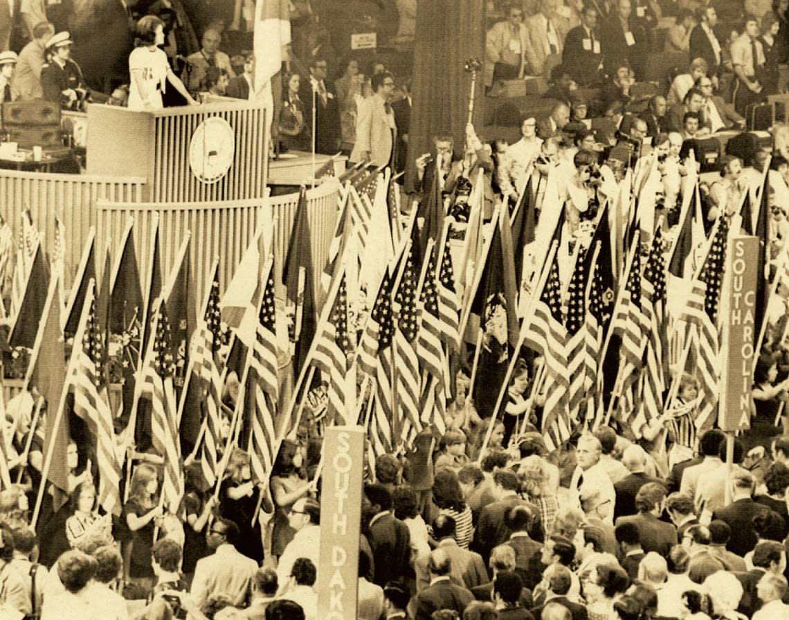 Mary Lou burg, vice chairman of the Democratic National Committee, takes over the podium at the opening session of the party’s national convention in Miami Beach to introduce a succession of party officials in 1972.