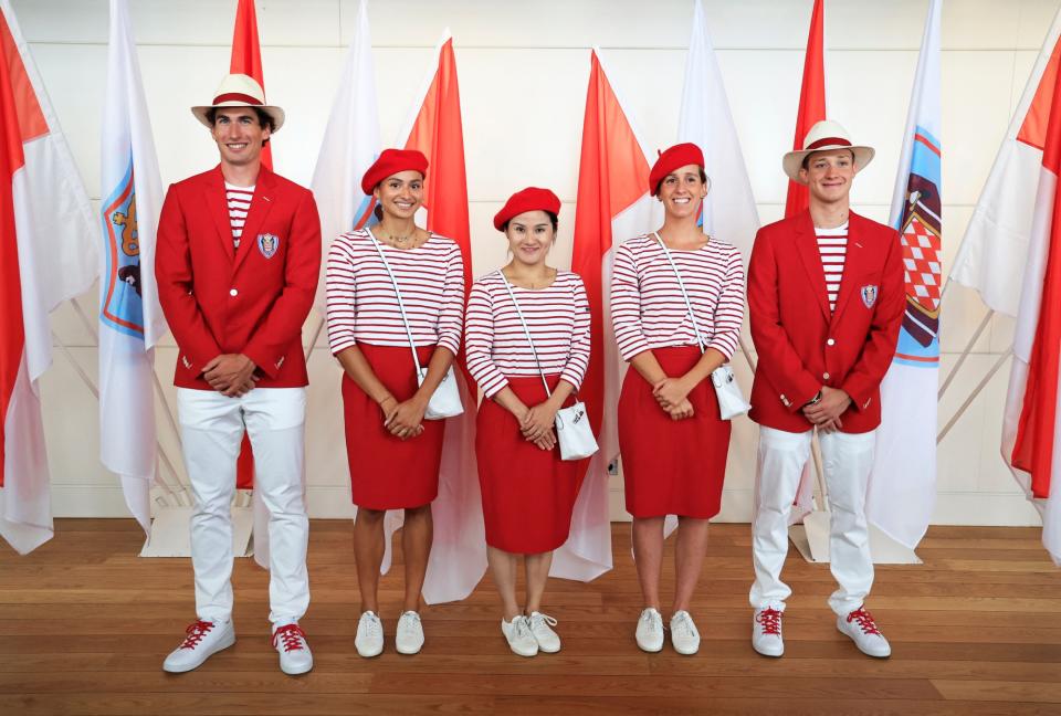 (From L) Monaco's athletes Quentin Antognelli, Marie-Charlotte Gastaud, Xiaoxin Yang, Lisa Pou and Theo Druenne pose during the presentation of Monaco's Olympic team for the Paris 2024 Games, in Monaco on June 27, 2024. (Photo by Valery HACHE / AFP) (Photo by VALERY HACHE/AFP via Getty Images)