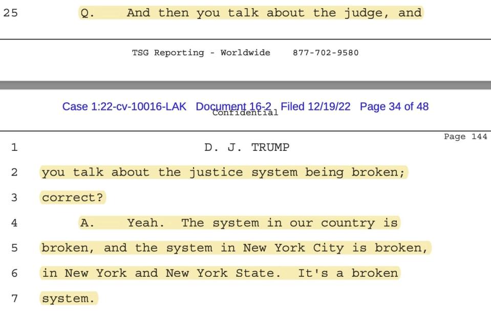 Screenshot of Donald Trump's deposition