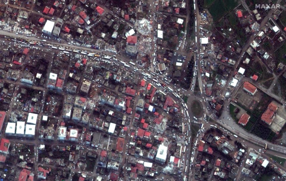 Downtown Nurdagi after earthquake, 7 February 2023. (Satellite image ©2023 Maxar Technologies.)