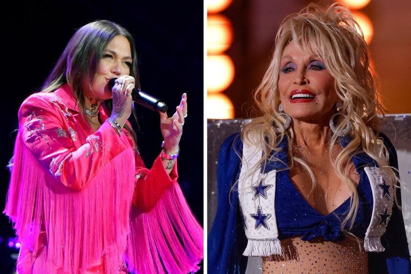 A collage showing Elle King singing in a hot pink fringe costume on the right and Dolly Parton in a blue and white costume