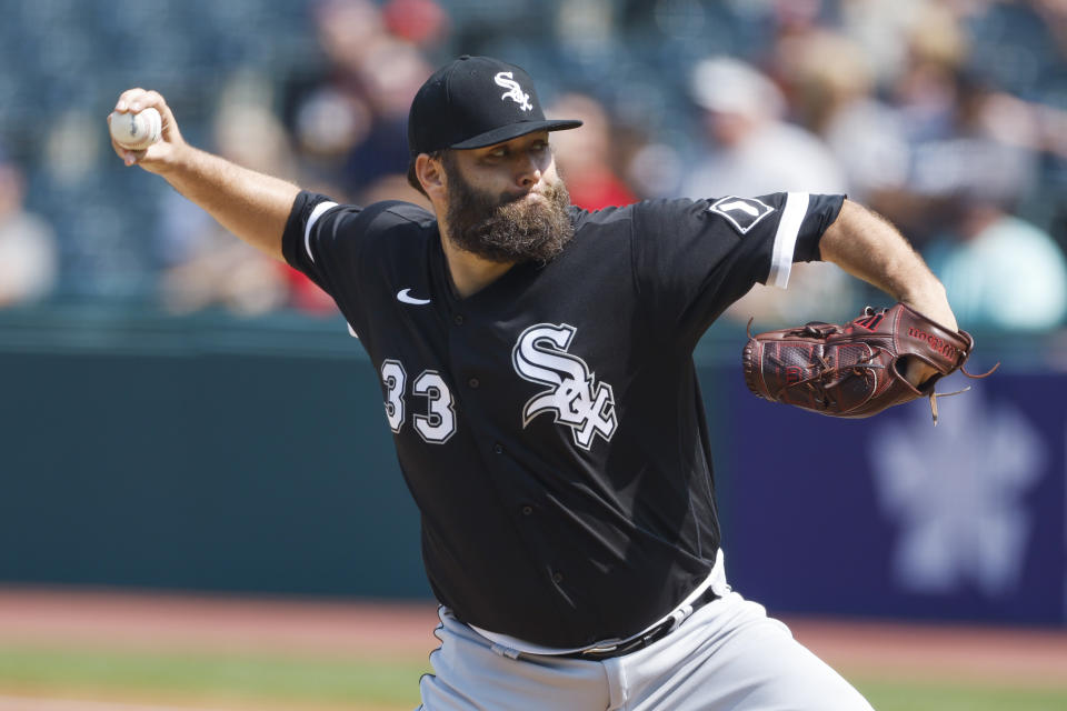Chicago White Sox starting pitcher Lance Lynn delivers against the Cleveland Guardians during the first inning of a baseball game, Thursday, Sept. 15, 2022, in Cleveland. (AP Photo/Ron Schwane)