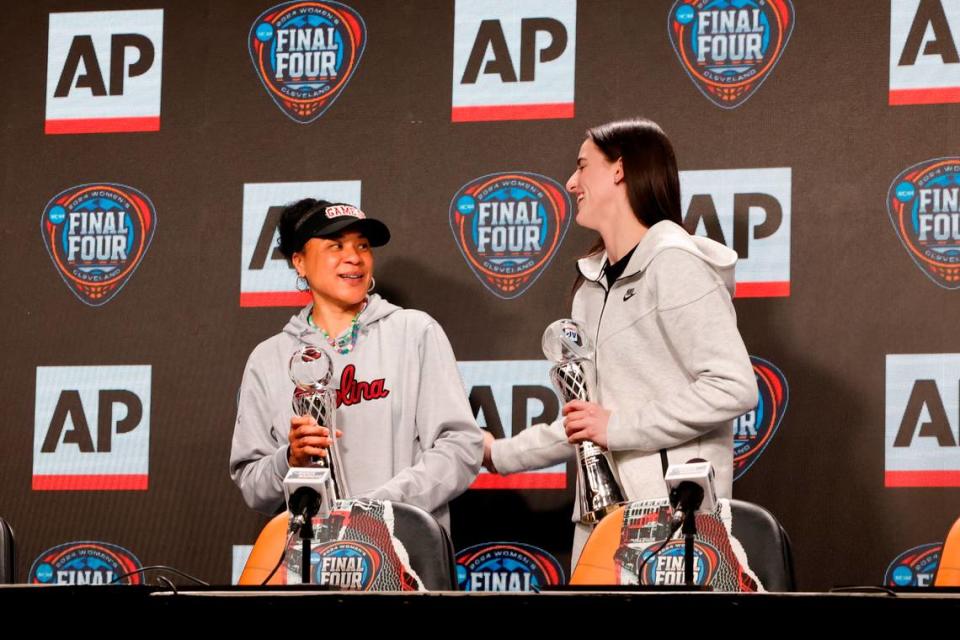 University of South Carolina Head Coach Dawn Staley and Iowa’s Caitlin Clark received recognition as the Associated Press coach and player of the year. The presentation was made during a press conference in advance of the Final Four game at Mortgage Field House in Cleveland, Ohio on Thursday, April 4, 2024.