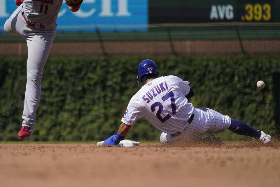 Chicago Cubs' Seiya Suzuki Chicago Cubs' Seiya Suzuki (27) steals second as St. Louis Cardinals shortstop Paul DeJong is is unable to catch a high throw from catcher Yadier Molina during the third inning of a baseball game Tuesday, Aug. 23, 2022, in Chicago. (AP Photo/Charles Rex Arbogast)