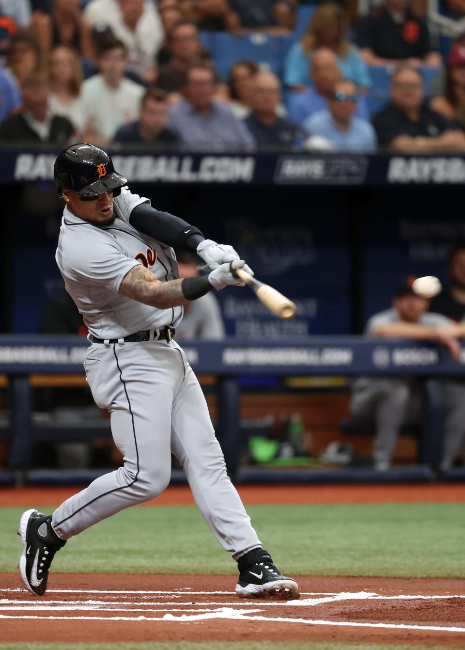 Tigers shortstop Javier Baez (28) singles during the first inning against the Tampa Bay Rays on Thursday afternoon.