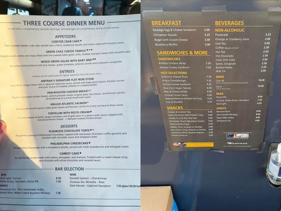 amtrak's traditional dining menu on left, cafe menu on right