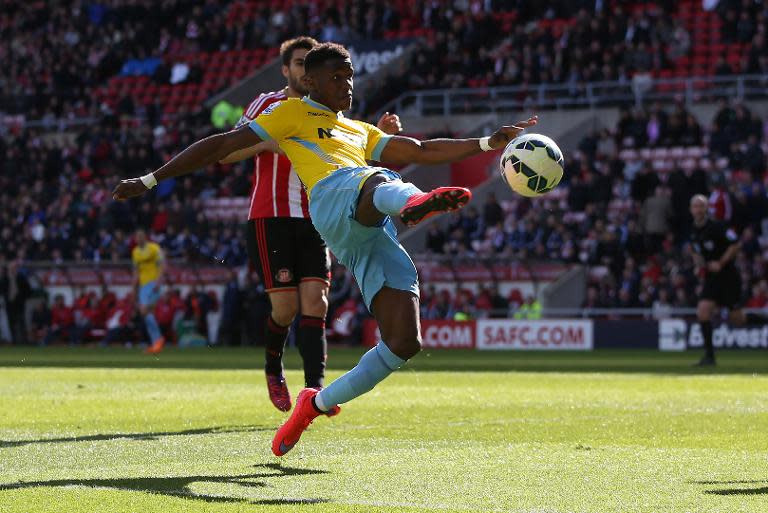 Crystal Palace's Wilfried Zaha has an unsuccessfull shot at goal during the match against Sunderland at the Stadium of Light in Sunderland, northeast England, on April 11, 2015