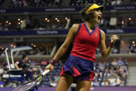 Emma Raducanu, of Great Britain, reacts after scoring a point against Maria Sakkari, of Greece, during the semifinals of the US Open tennis championships, Thursday, Sept. 9, 2021, in New York. (AP Photo/Frank Franklin II)