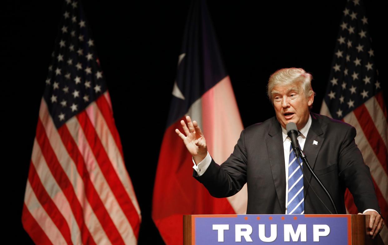 Donald Trump speaks on June 16, 2016 at Gilley's in Dallas, Texas. (Photo by Ron Jenkins/Getty Images)