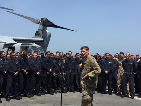 General Joseph Votel, the head of the U.S. military’s Central Command, speaks aboard the USS New Orleans, an amphibious dock ship, as it travels through the Strait of Hormuz July 11, 2016. REUTERS/Phil Stewart