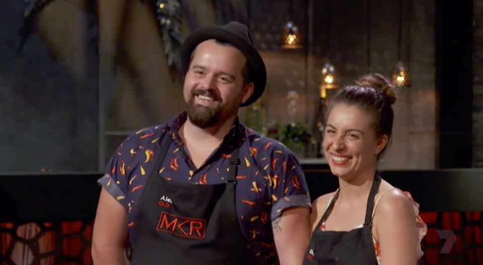 MKR’s Alex and Emily won the last leg of the semi-finals after a tense cook. Source: Seven