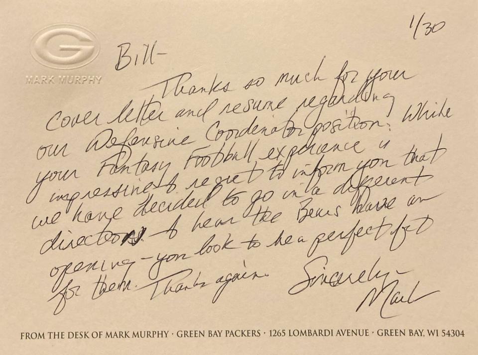 Green Bay Packers President and CEO Mark Murphy wrote this note to fan Bill Port, who jokingly applied for the defensive coordinator position.