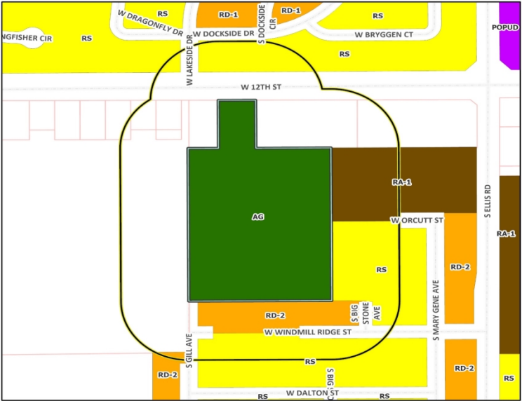 A map showing the 300-foot "influence zone" in which residents need to be notified of a pending rezoning.